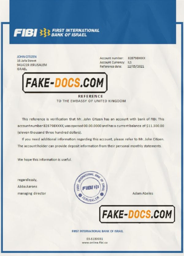 Israel First International Bank of Israel bank account reference letter template in Word and PDF format