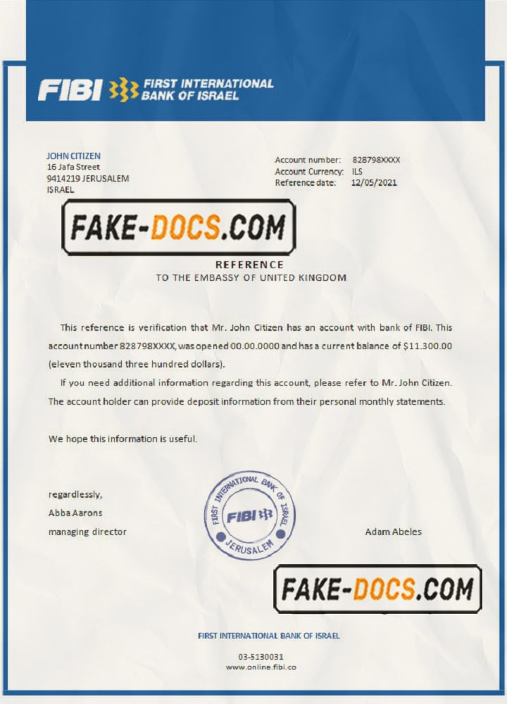 Israel First International Bank of Israel bank account reference letter template in Word and PDF format Israel First International Bank of Israel bank account reference letter template in Word and PDF format