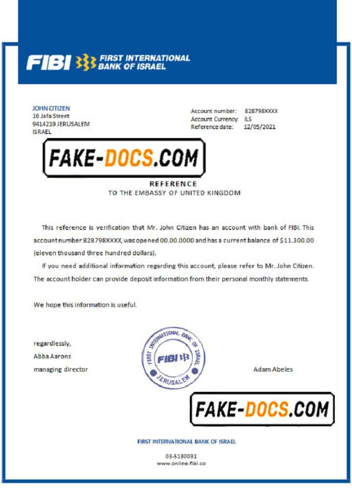 Israel First International Bank of Israel bank account reference letter template in Word and PDF format Israel First International Bank of Israel bank account reference letter template in Word and PDF format