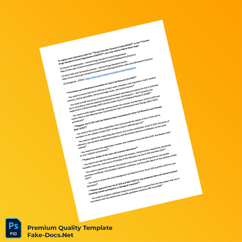 India Central Drugs Standard Control Organization Stem Cell Registration Certificate Template (Word & PDF) 5 page India Central Drugs Standard Control Organization Stem Cell Registration Certificate Template (Word & PDF) 5 page