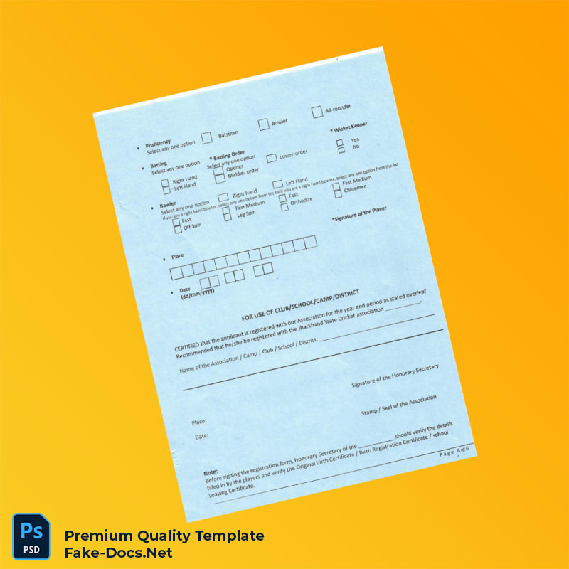India Jharkhand State Cricket Association Registration Form Template (Word & PDF) 6 page India Jharkhand State Cricket Association Registration Form Template (Word & PDF) 6 page