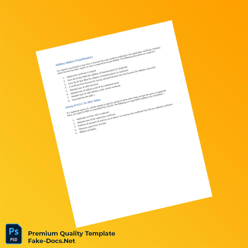 India RTO Addition Deletion of Hypothecation Registration Certificate Template (Word & PDF) India RTO Addition Deletion of Hypothecation Registration Certificate Template (Word & PDF)