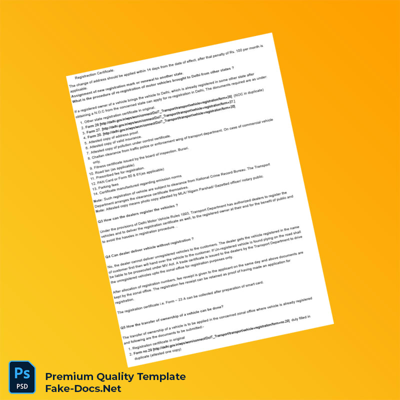 India RTO Vehicle Registration Information Document Template (Word & PDF) 8 page India RTO Vehicle Registration Information Document Template (Word & PDF) 8 page