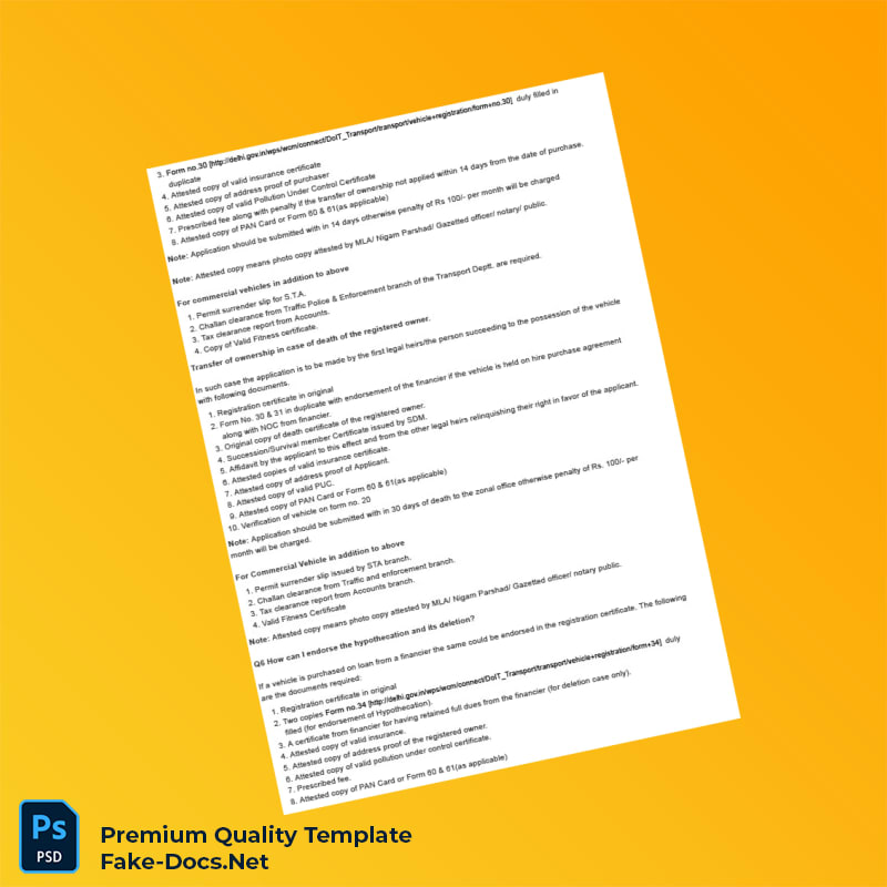 India RTO Vehicle Registration Information Document Template (Word & PDF) 8 page India RTO Vehicle Registration Information Document Template (Word & PDF) 8 page