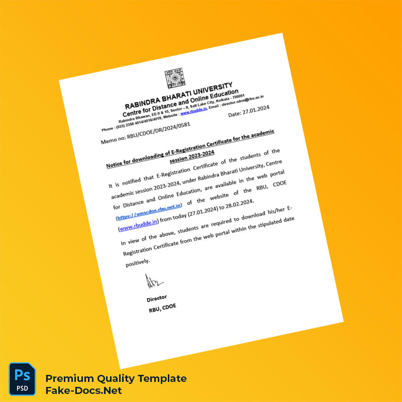 India Rabindra Bharati University E-Registration Certificate Template (Word & PDF) India Rabindra Bharati University E-Registration Certificate Template (Word & PDF)