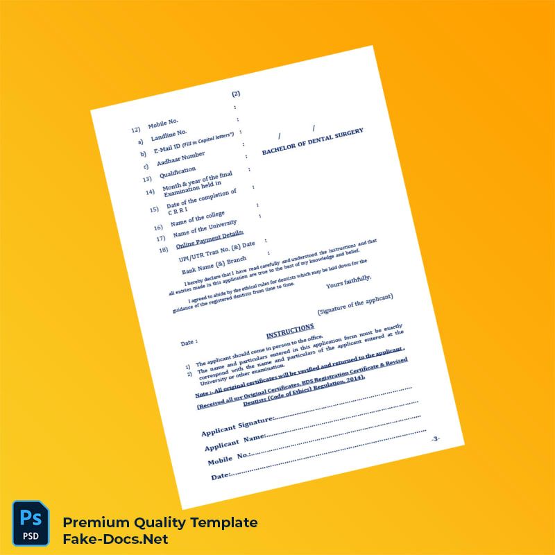 India Tamil Nadu Dental Council BDS Registration Form Template (Word & PDF) 5 page India Tamil Nadu Dental Council BDS Registration Form Template (Word & PDF) 5 page