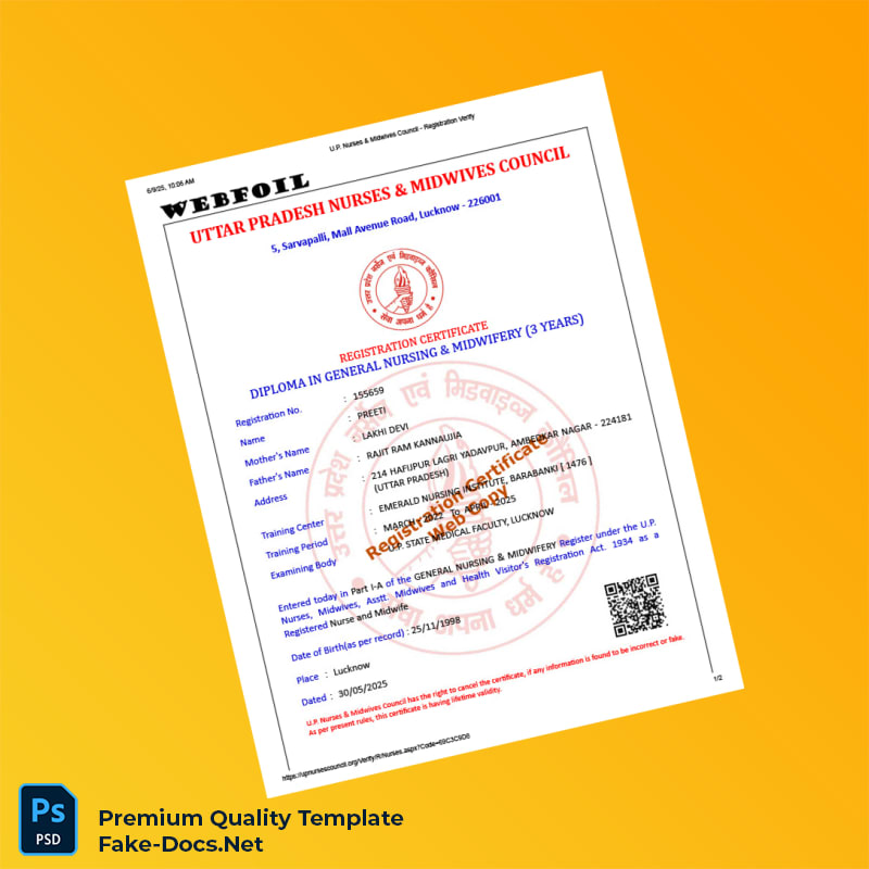 India U P Nurses Midwives Council Registration Certificate Template (Word & PDF) 2 page India U P Nurses Midwives Council Registration Certificate Template (Word & PDF) 2 page
