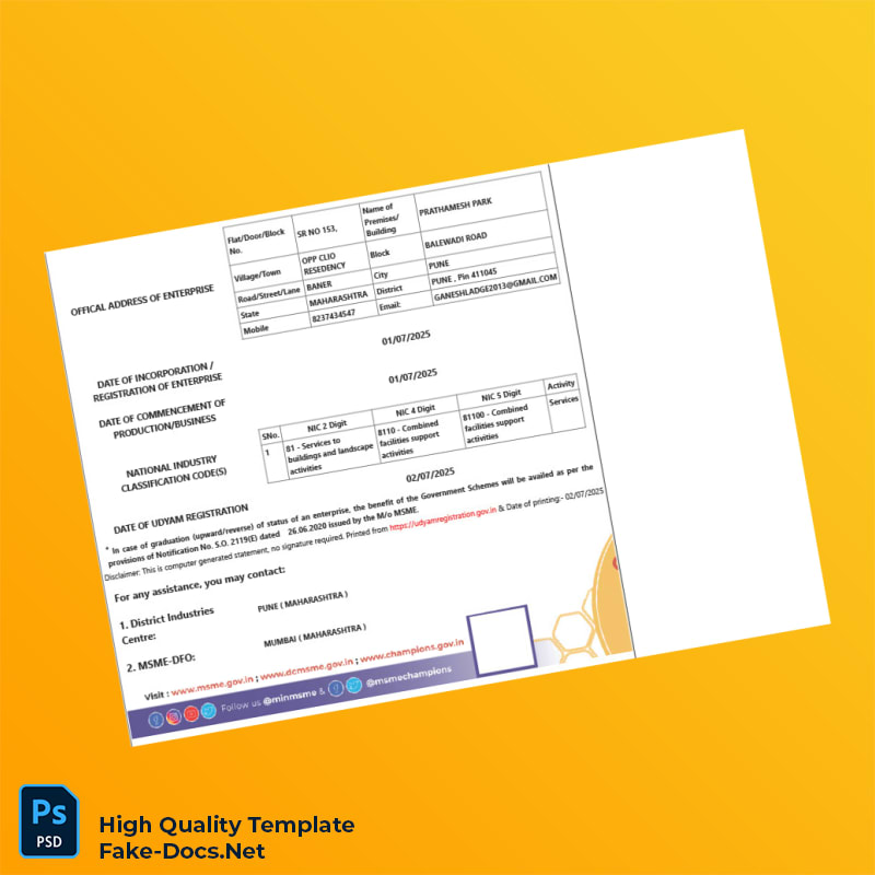 India Udyam Registration Authority Business Registration Certificate Template in Word and PDF formats 6 page India Udyam Registration Authority Business Registration Certificate Template in Word and PDF formats 6 page