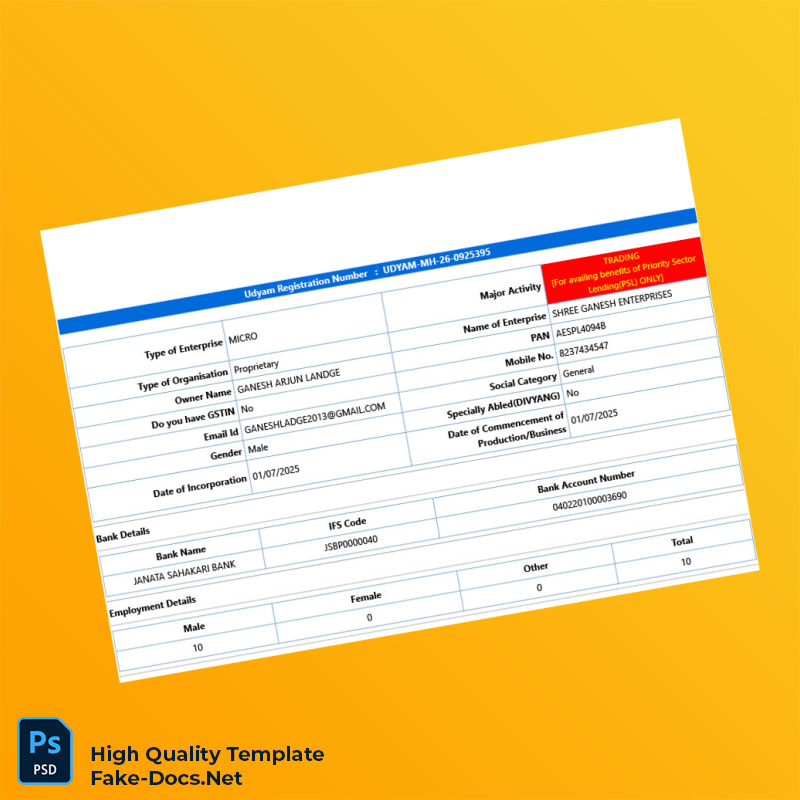 India Udyam Registration Authority Business Registration Certificate Template in Word and PDF formats 6 page India Udyam Registration Authority Business Registration Certificate Template in Word and PDF formats 6 page