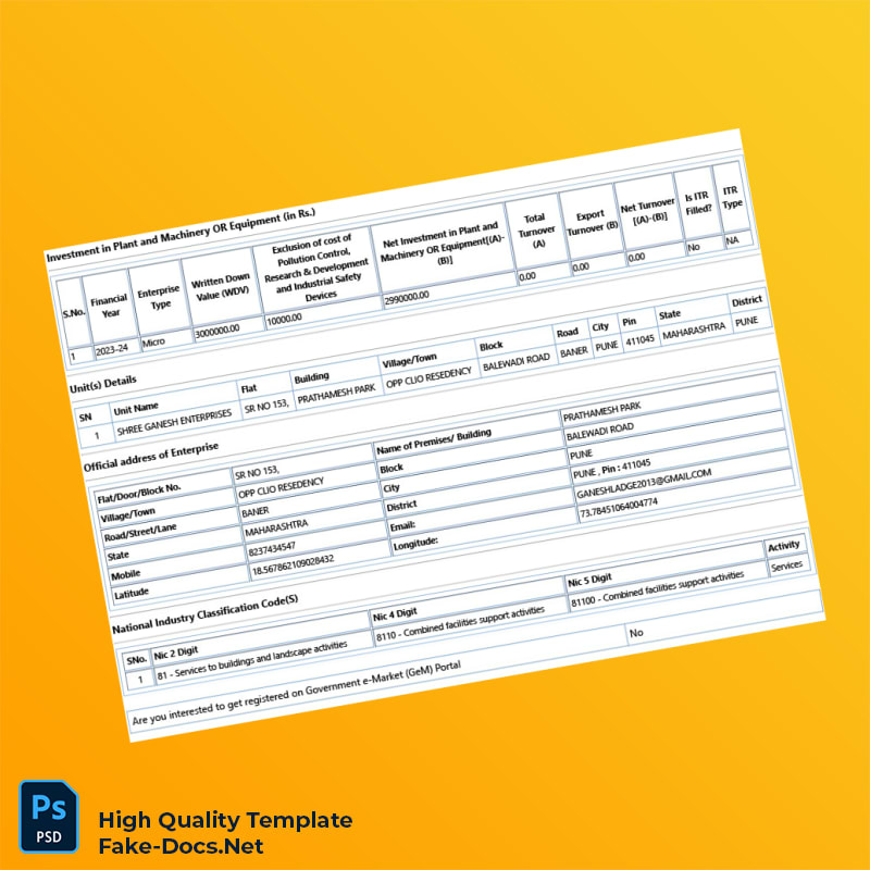 India Udyam Registration Authority Business Registration Certificate Template in Word and PDF formats 6 page India Udyam Registration Authority Business Registration Certificate Template in Word and PDF formats 6 page