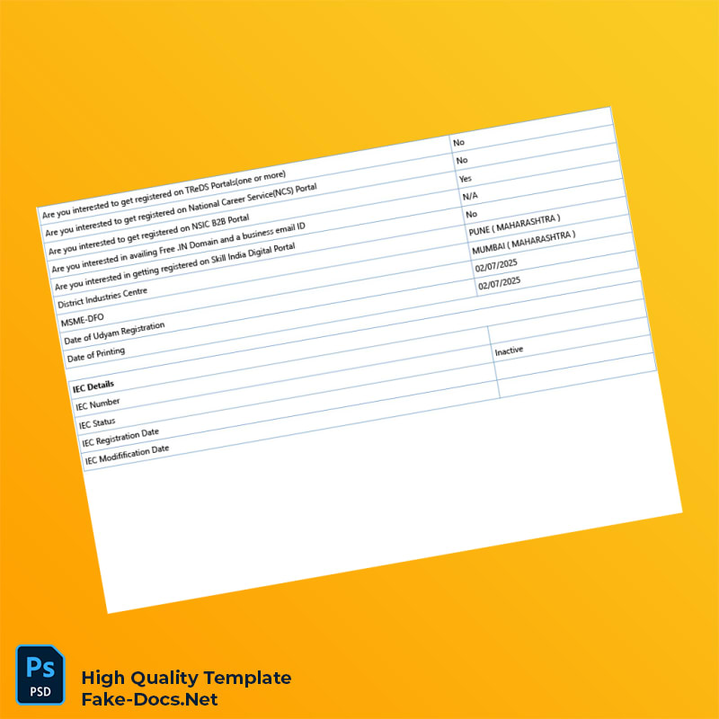 India Udyam Registration Authority Business Registration Certificate Template in Word and PDF formats 6 page India Udyam Registration Authority Business Registration Certificate Template in Word and PDF formats 6 page