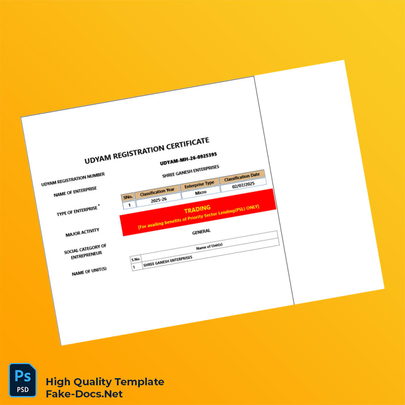 India Udyam Registration Authority Business Registration Certificate Template in Word and PDF formats 6 page India Udyam Registration Authority Business Registration Certificate Template in Word and PDF formats 6 page