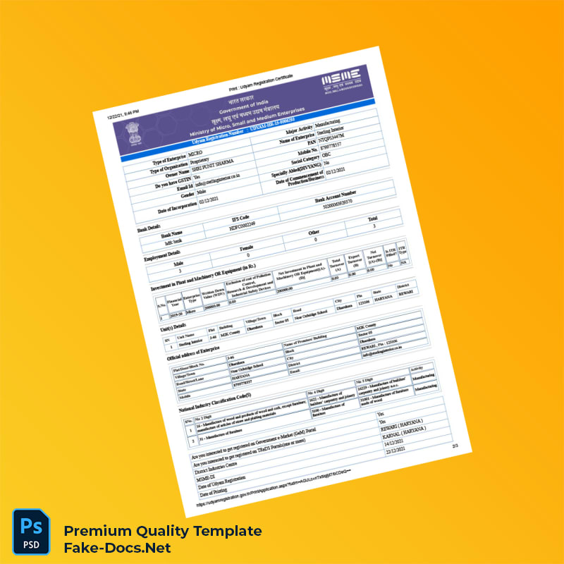 India Udyam Registration MSME Certificate Template (Word & PDF) 3 page India Udyam Registration MSME Certificate Template (Word & PDF) 3 page