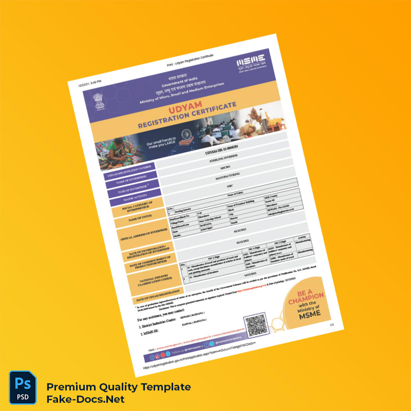 India Udyam Registration MSME Certificate Template (Word & PDF) 3 page India Udyam Registration MSME Certificate Template (Word & PDF) 3 page