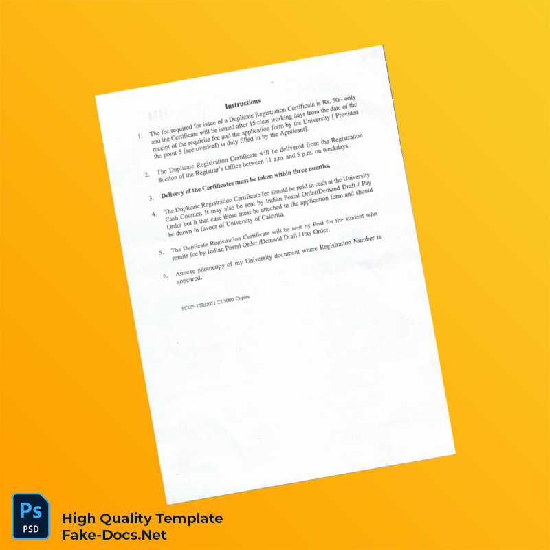 India University of Calcutta Editable Duplicate Registration Certificate Template in Word and PDF formats 2 page India University of Calcutta Editable Duplicate Registration Certificate Template in Word and PDF formats 2 page