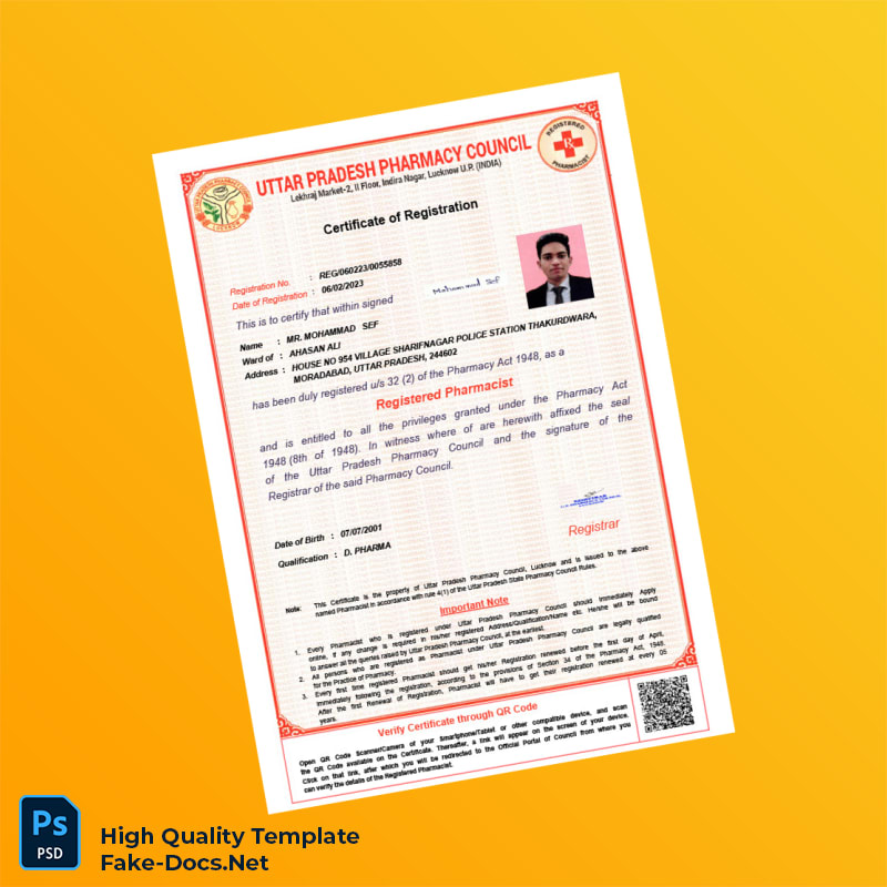 India Uttar Pradesh Pharmacy Council Registration Certificate Template in Word and PDF formats India Uttar Pradesh Pharmacy Council Registration Certificate Template in Word and PDF formats