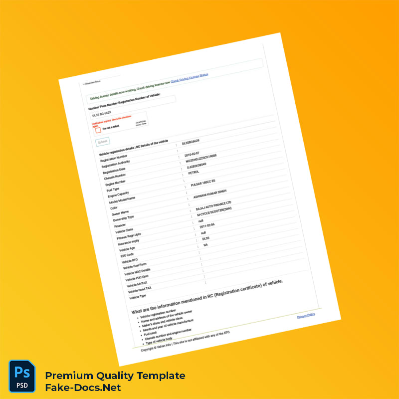 India Vahan Info Registration Certificate Template (Word & PDF) India Vahan Info Registration Certificate Template (Word & PDF)