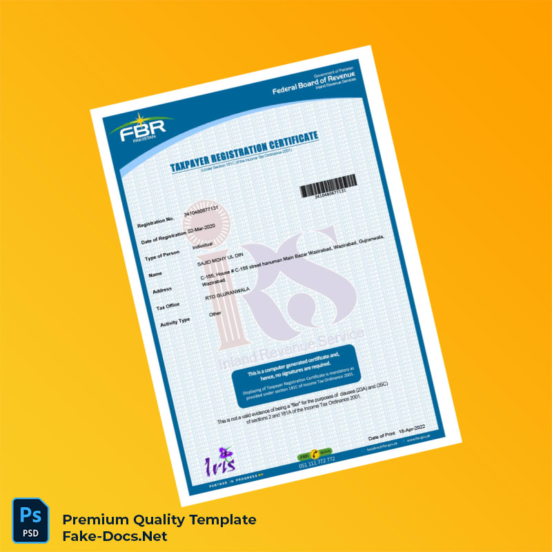 Pakistan Federal Board of Revenue Taxpayer Registration Certificate Template (Word & PDF) Pakistan Federal Board of Revenue Taxpayer Registration Certificate Template (Word & PDF)