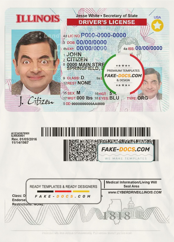 Illinois driver license Psd Template scan effect