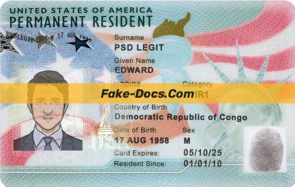 USA green card, permanent resident card template in PSD format, fully editable (2020-present) front