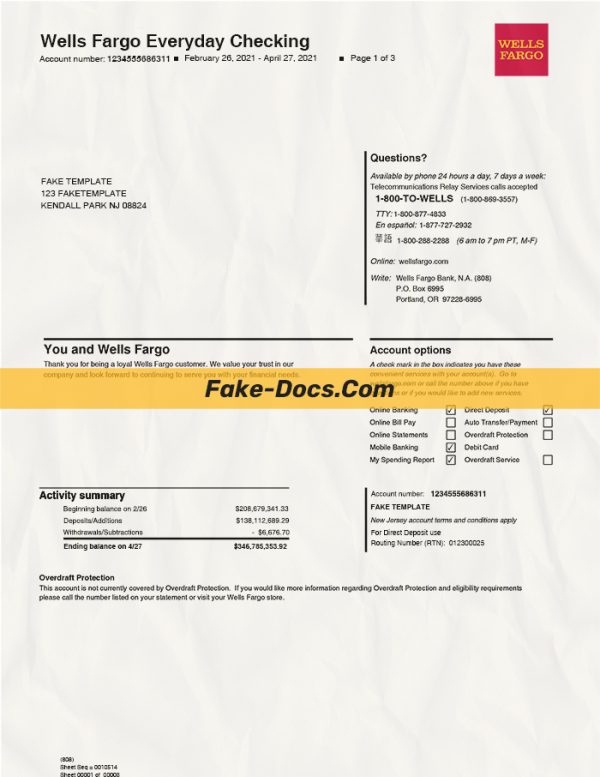Wells Fargo Bank Statement Psd Template page 1
