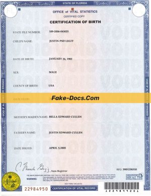Florida Birth certificate psd template