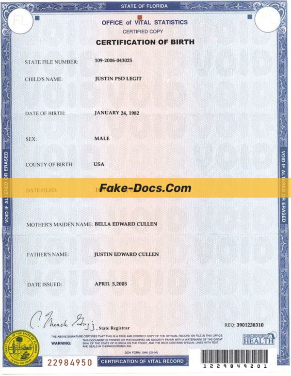 Florida Birth certificate psd template Fake Docs