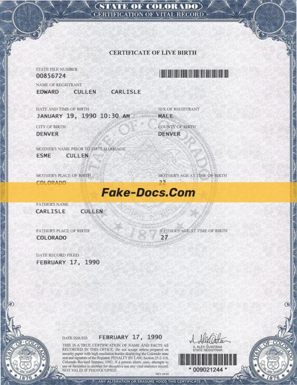 Colorado Birth Certificate Psd Template