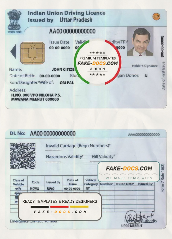 India Union driver license Psd Template scan effect