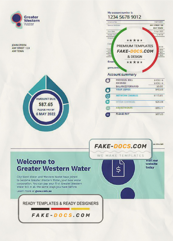 Australia Greater Western Water utility bill template in Word and PDF format scan