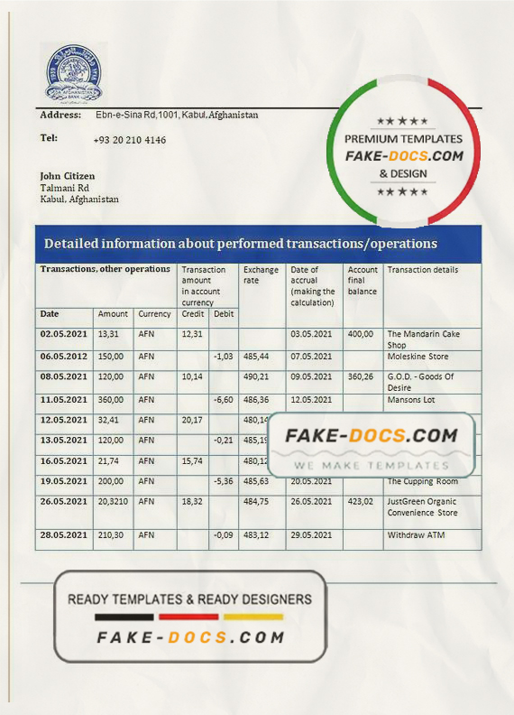 Afghanistan Da Afghanistan Bank (DAB) bank statement template in Word and PDF format scan