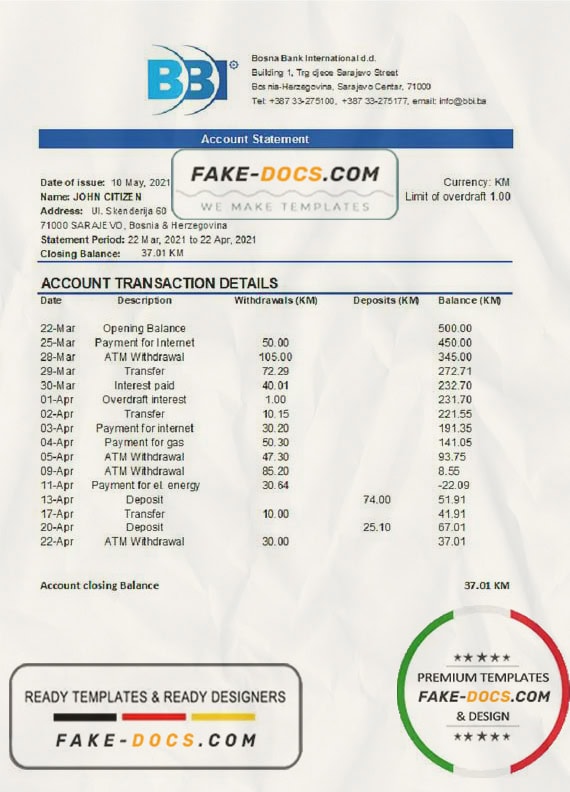 Bosnia and Herzegovina Bosna Bank International bank statement easy to fill template in Excel and PDF format (AutoSum) Bosnia and Herzegovina Bosna Bank International bank statement easy to fill template in Excel and PDF format (AutoSum)