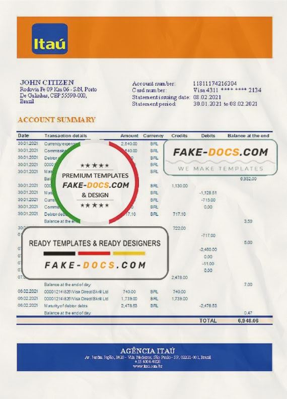 Brazil Itau bank statement template in Excel and PDF format, fully editable Brazil Itau bank statement template in Excel and PDF format, fully editable