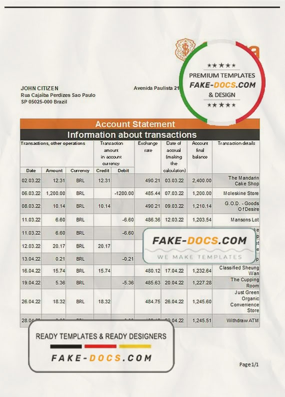 Brazil Safra bank statement template in Excel and PDF format Brazil Safra bank statement template in Excel and PDF format