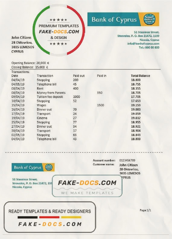 Cyprus Bank of Cyprus proof of address bank statement template in Word and PDF format Cyprus Bank of Cyprus proof of address bank statement template in Word and PDF format
