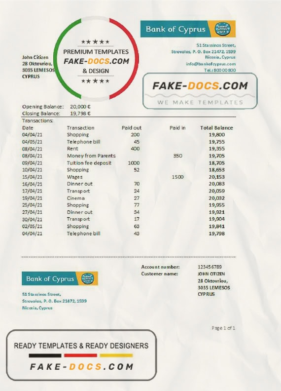 Cyprus Bank of Cyprus bank statement easy to fill template in .xls and .pdf file format Cyprus Bank of Cyprus bank statement easy to fill template in .xls and .pdf file format