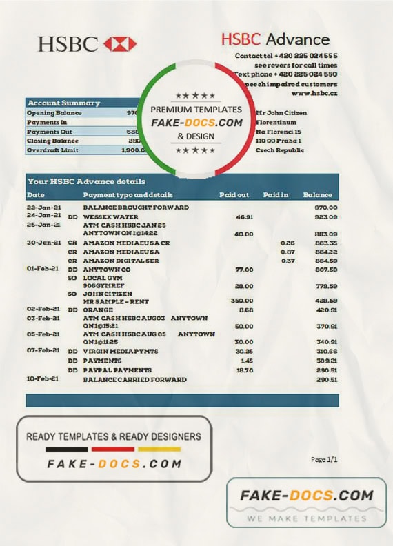 Czech HSBC bank statement easy to fill template in Excel and PDF format Czech HSBC bank statement easy to fill template in Excel and PDF format