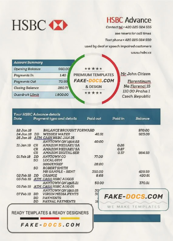 Czech HSBC bank statement easy to fill template in .doc and .pdf format, fully editable Czech HSBC bank statement easy to fill template in .doc and .pdf format, fully editable