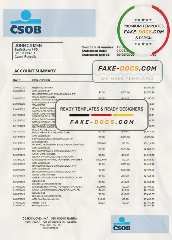 Czech Republic Československá Obchodní Banka statement template in Word and PDF format Czech Republic Československá Obchodní Banka statement template in Word and PDF format