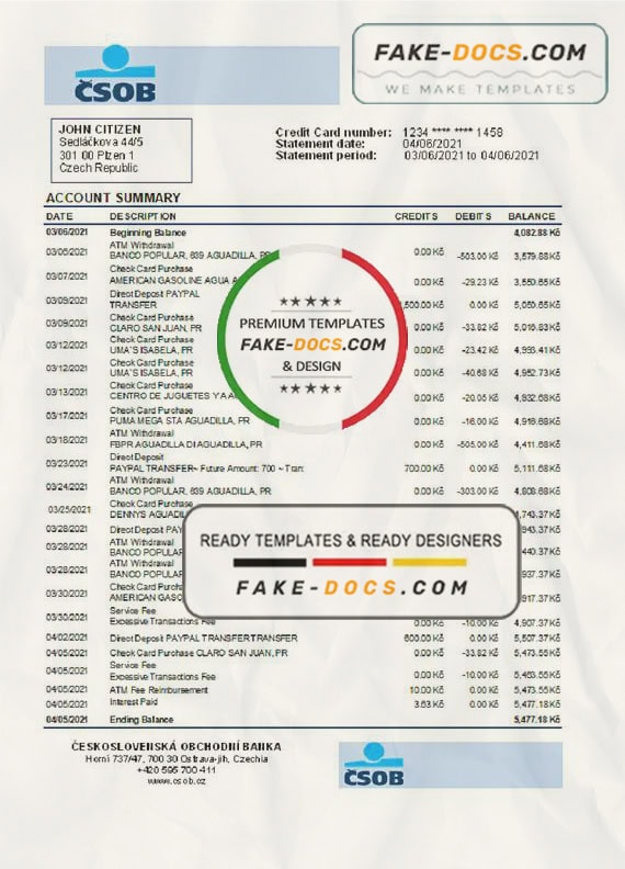 Czech Republic Československá Obchodní Banka bank statement easy to fill template in .xls and .pdf file format Czech Republic Československá Obchodní Banka bank statement easy to fill template in .xls and .pdf file format