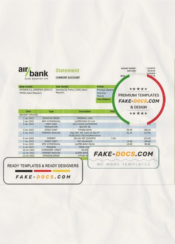 Czechia Air bank statement template in Word and PDF format Czechia Air bank statement template in Word and PDF format