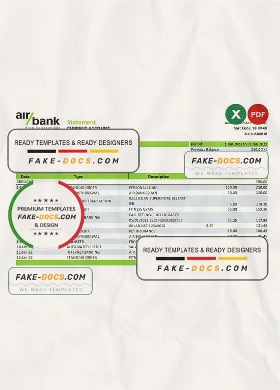 Czechia Air bank statement Excel and PDF template Czechia Air bank statement Excel and PDF template