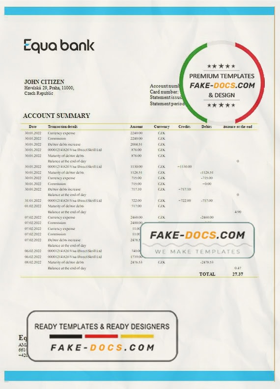 Czechia Equabank bank statement template in Word and PDF format Czechia Equabank bank statement template in Word and PDF format