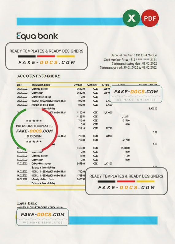 Czechia Equabank bank statement Excel and PDF template Czechia Equabank bank statement Excel and PDF template