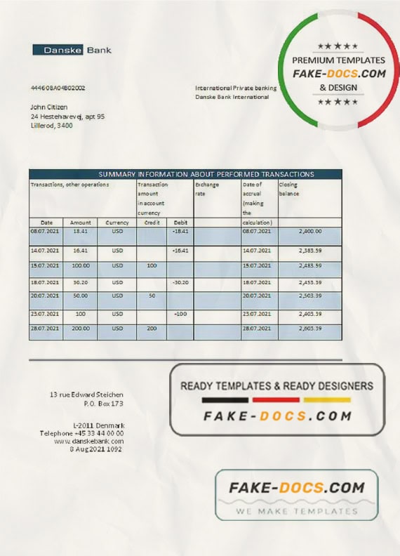 Denmark Danskebank bank statement easy to fill template in Excel and PDF format Denmark Danskebank bank statement easy to fill template in Excel and PDF format