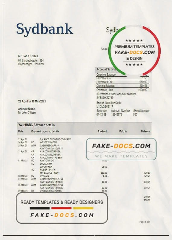 Denmark Sydbank bank statement template in Word and PDF format Denmark Sydbank bank statement template in Word and PDF format