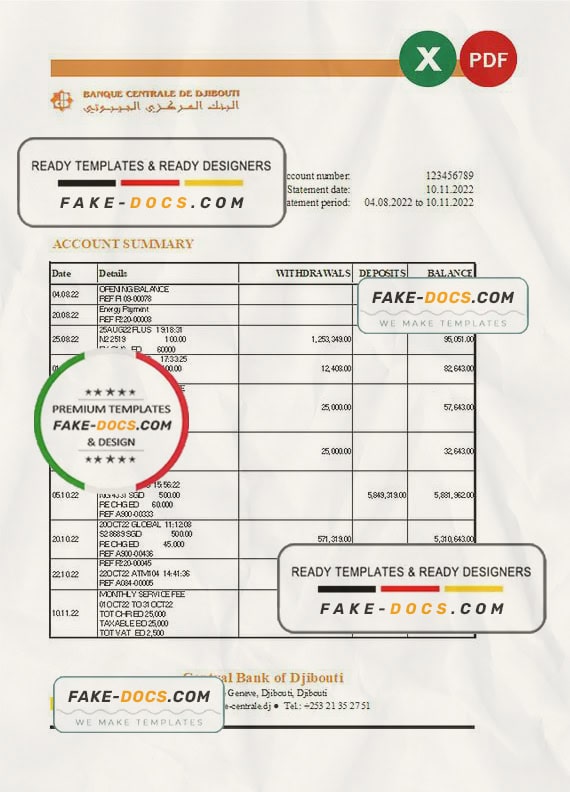 Djibouti Central Bank of Djibouti statement Excel and PDF template Djibouti Central Bank of Djibouti statement Excel and PDF template