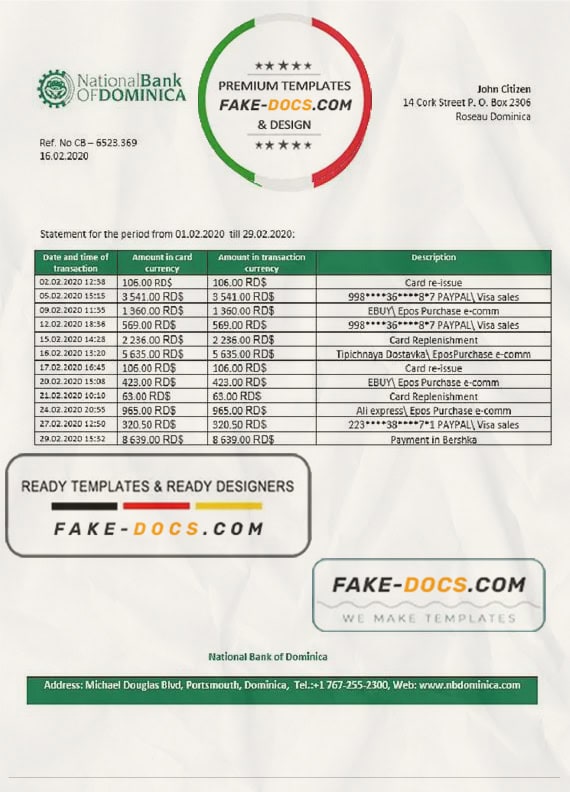 Dominica National Bank of Dominica bank statement template in Word and PDF format Dominica National Bank of Dominica bank statement template in Word and PDF format
