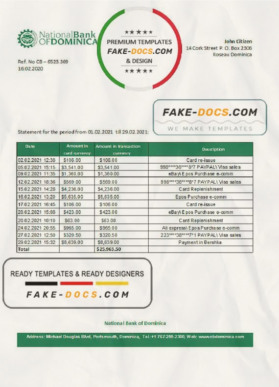 Dominica National Bank of Dominica bank statement easy to fill template in Excel and PDF format Dominica National Bank of Dominica bank statement easy to fill template in Excel and PDF format