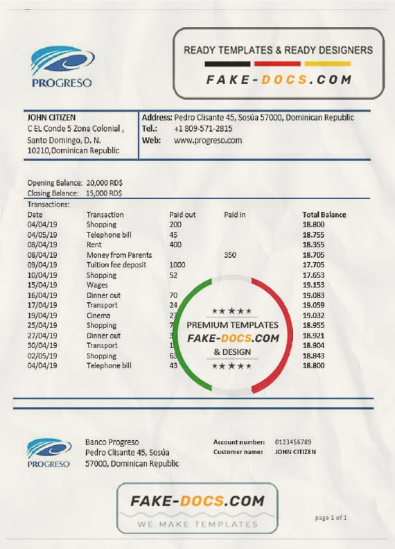 Dominican Republic Banco Progreso bank statement template, Word and PDF format (.doc and .pdf) Dominican Republic Banco Progreso bank statement template, Word and PDF format (.doc and .pdf)